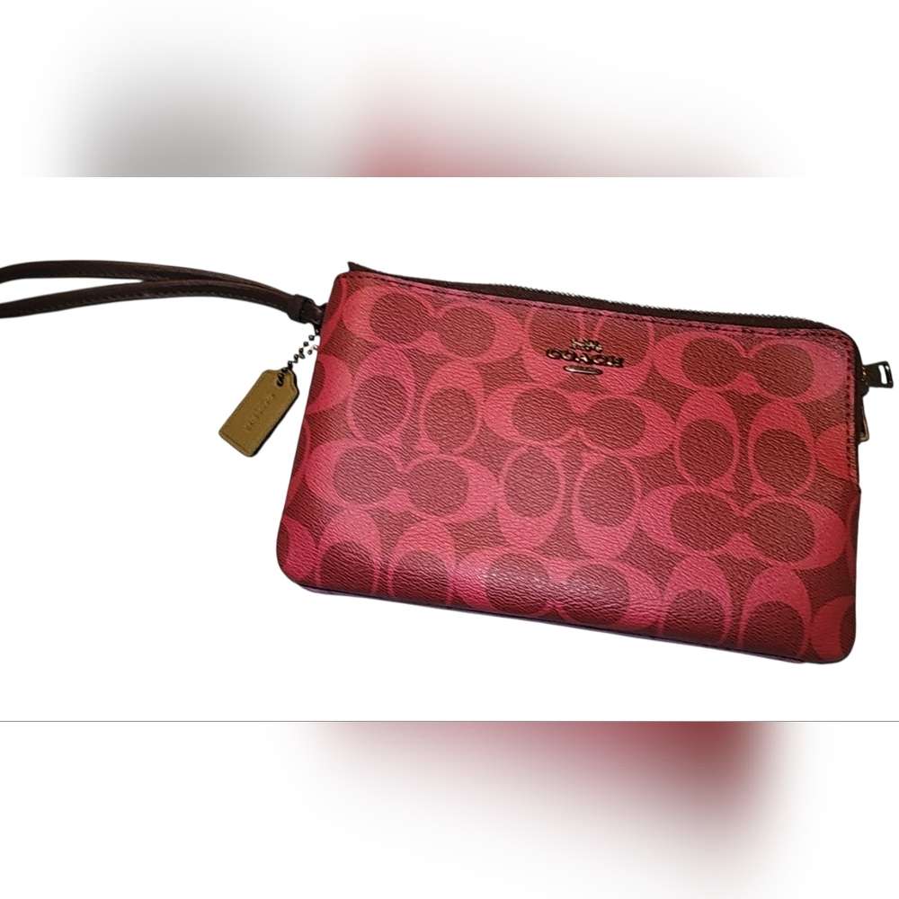 Coach Signature Pink And Pruple  Wristlet Wallet Double Zipper